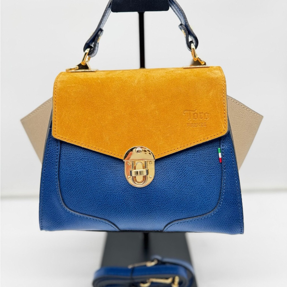 Tori Fienze leather suede Blue and Gold Bag